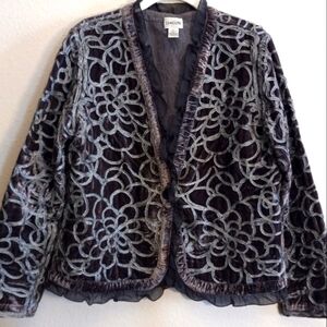 Chico's Size 1 Jacket Gray Silver Velvet Lace Circular Print Button Up Jacket.